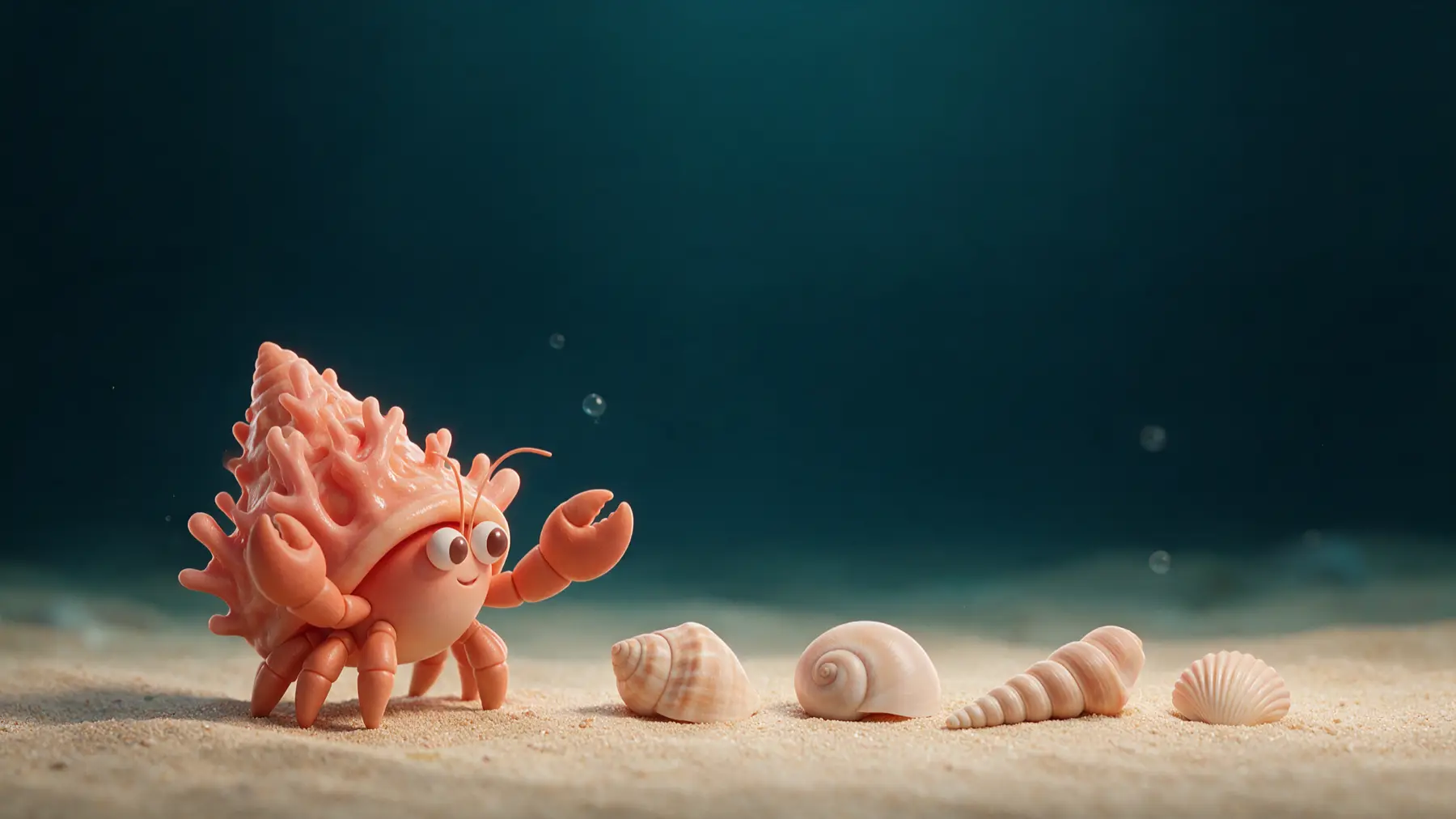 The Menucove hermit crab on the sand, looking over a row of four different empty seashells.