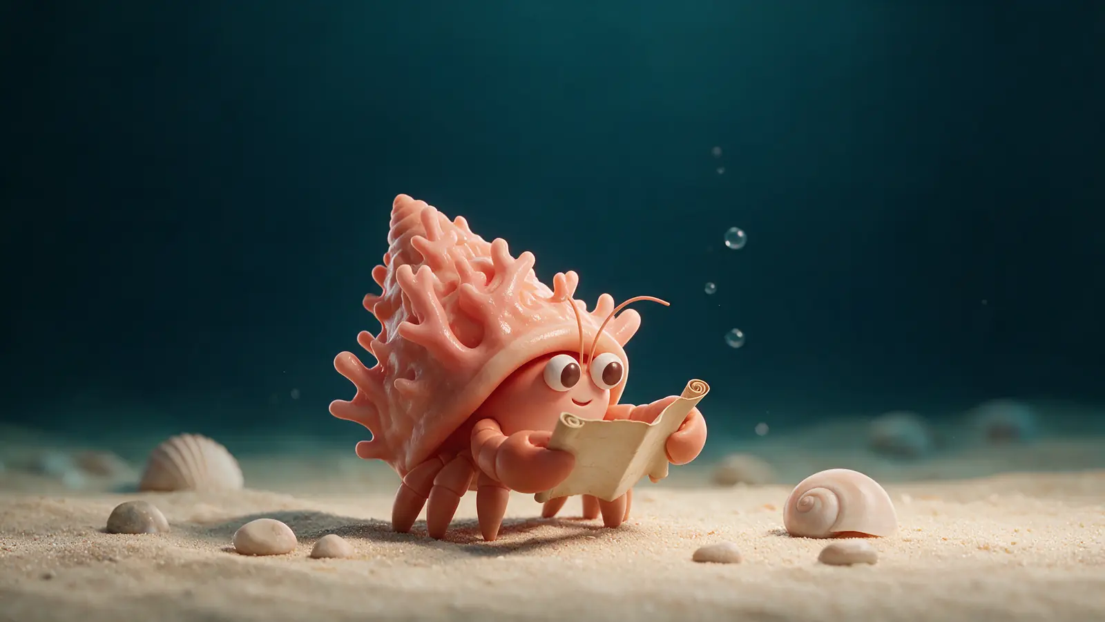 The Menucove crab sitting on the sand, reading a small map scroll.