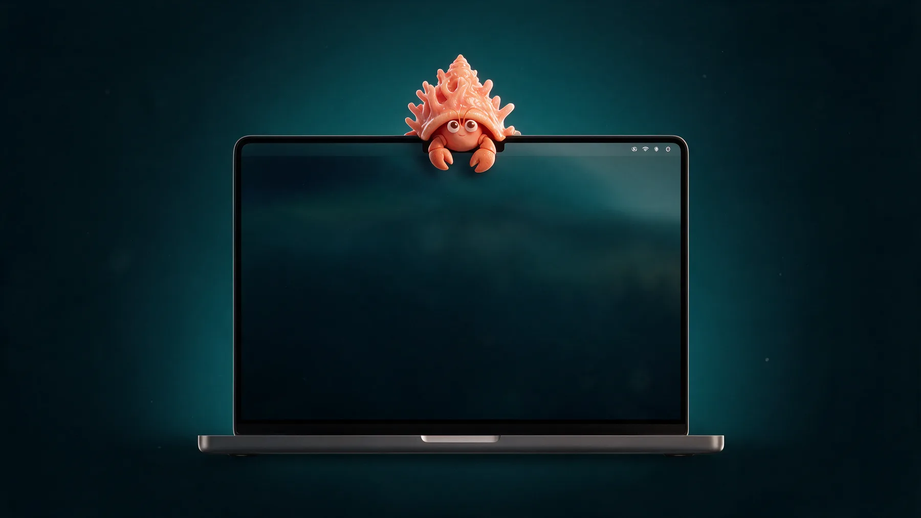 A MacBook with a tidy menu bar and the Menucove hermit crab perched on top of the screen.